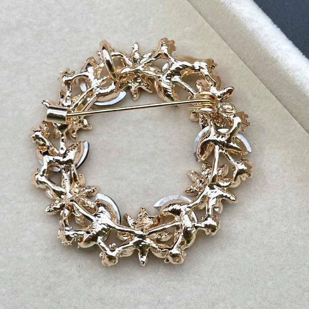 Rose Gold with Multicolored Crystal Floral Flower Leaf Wreath Pin Back Brooch